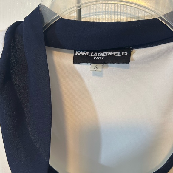 Karl Lagerfeld Tank Top Split Hem White Navy Small Neck Tie Loose Fit Stretch - Picture 10 of 13